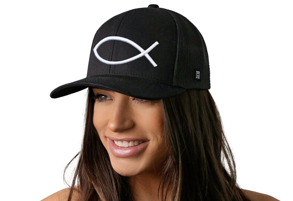 Jesus Fish Trucker Hat | Black Ichthys 3D Puff Snapback - Get it from Bo