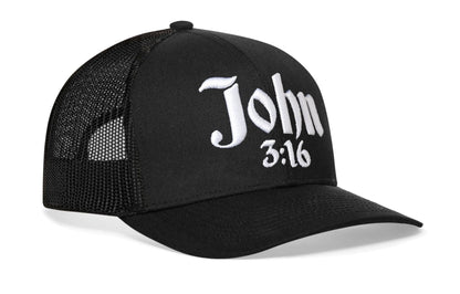 John 3:16 Trucker Hat | Black Christian 3D Puff Snapback - Get it from Bo