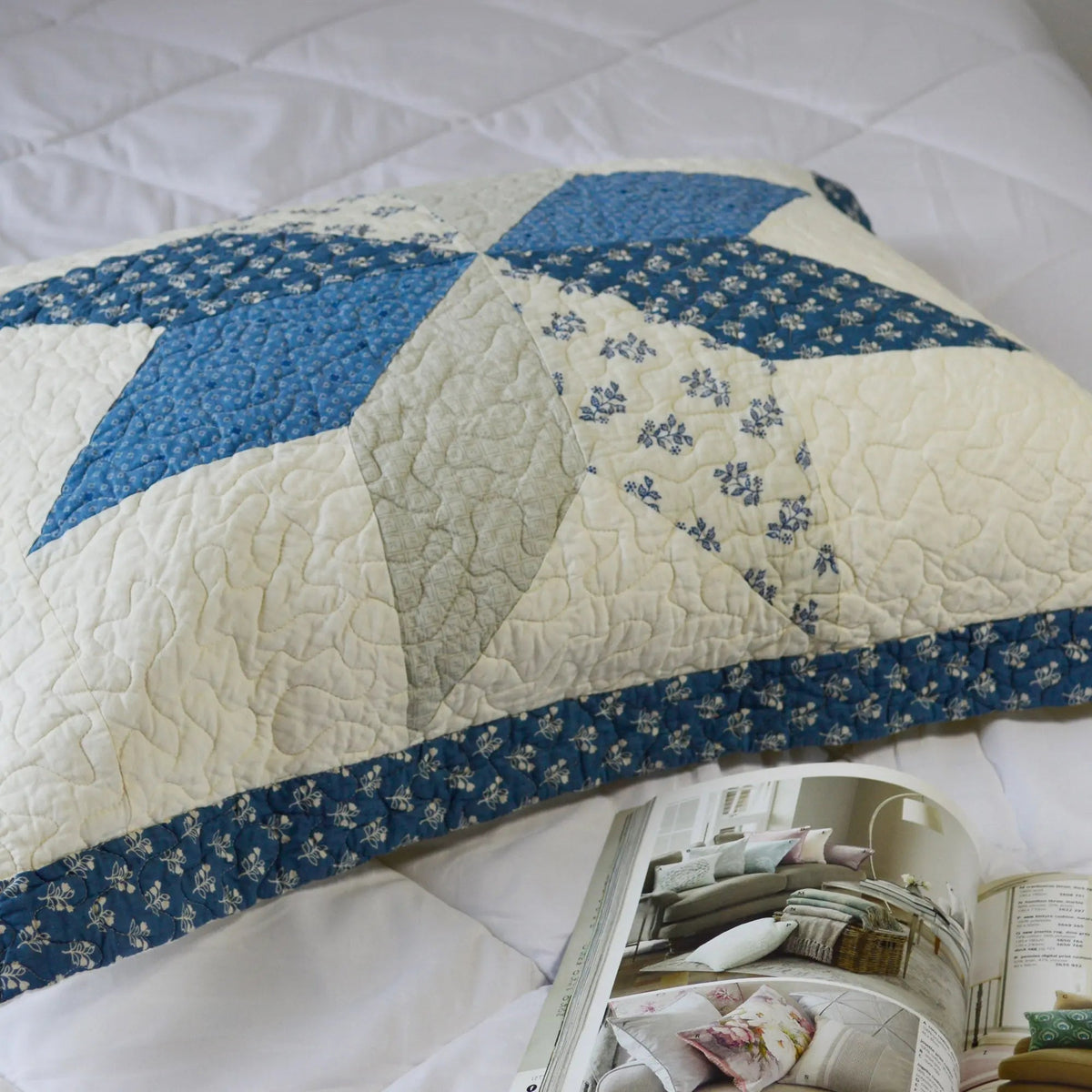 Kasentex 100% Cotton Summer Diamond Blue Patchwork Quilt King Size Pillow Sham, Boho Style, Motif Blue and Ivory, Room Decor, Graduation Gifts - Get it from Bo