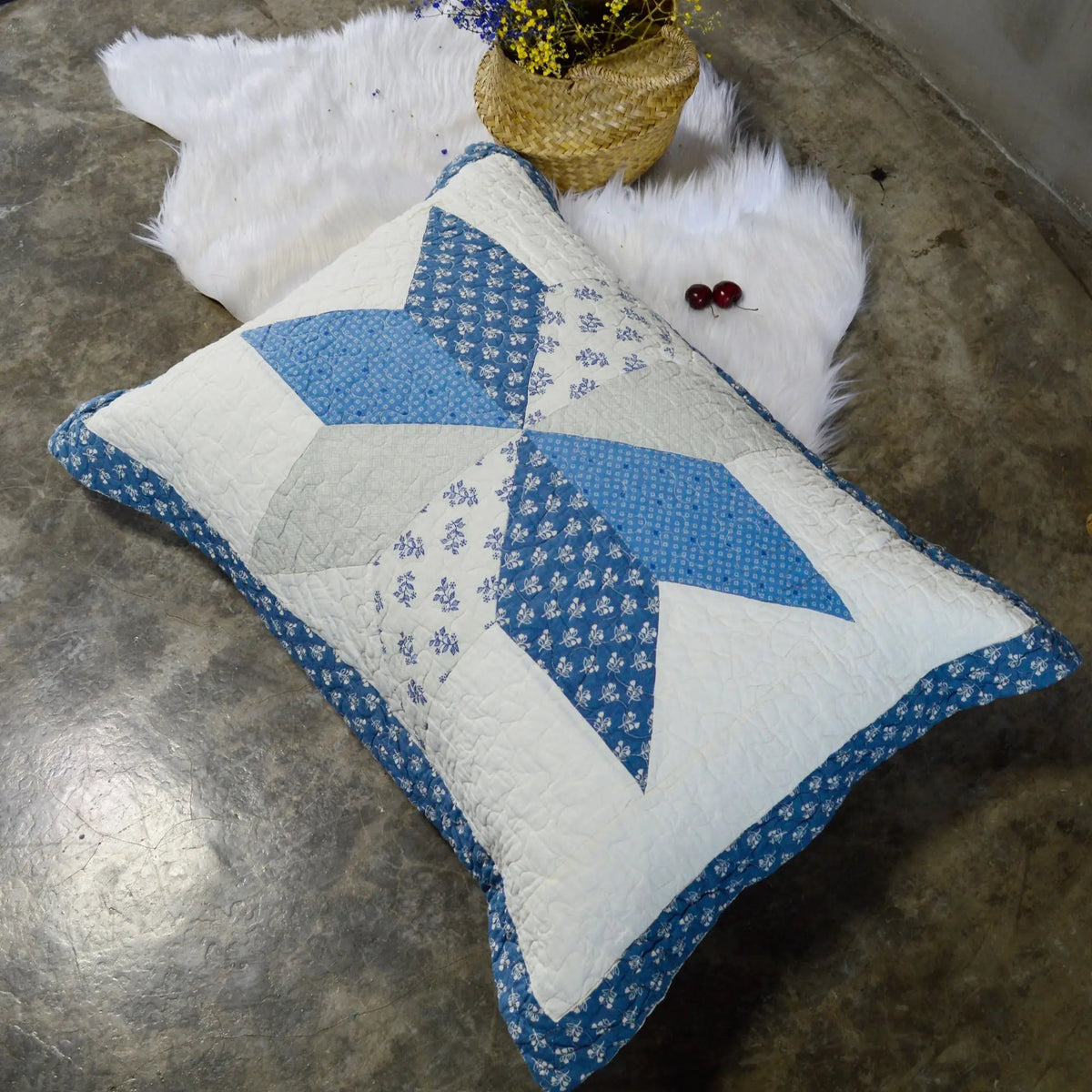Kasentex 100% Cotton Summer Diamond Blue Patchwork Quilt King Size Pillow Sham, Boho Style, Motif Blue and Ivory, Room Decor, Graduation Gifts - Get it from Bo