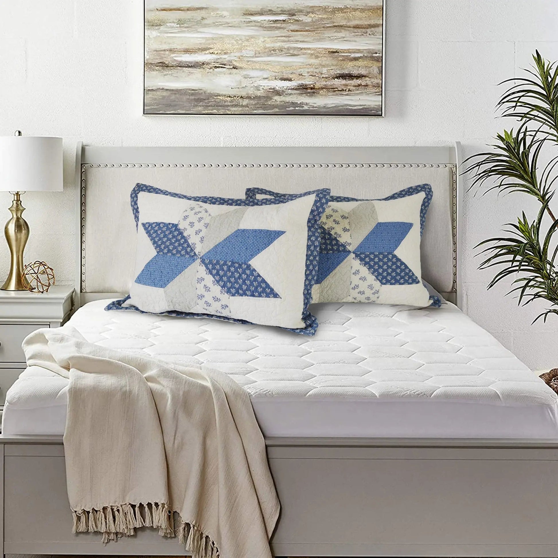 Kasentex 100% Cotton Summer Diamond Blue Patchwork Quilt King Size Pillow Sham, Boho Style, Motif Blue and Ivory, Room Decor, Graduation Gifts - Get it from Bo