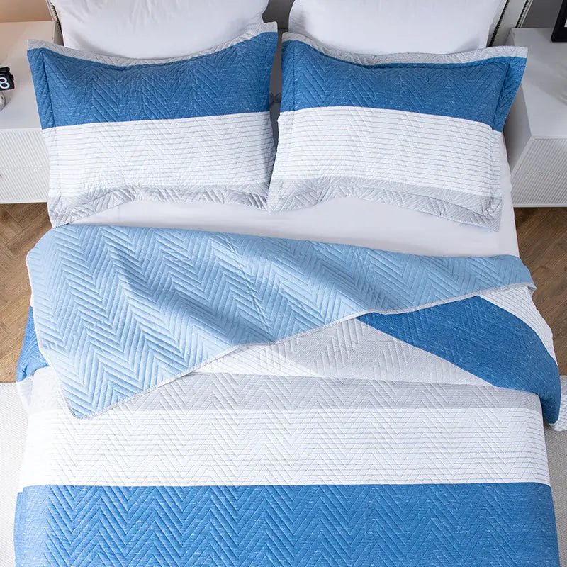 Kasentex Lightweight Reversible Stripe Quilt Set Bedding- Sky Blue and Ivory White, Room Decor, Graduation Gifts, Father's Day Gift - Get it from Bo