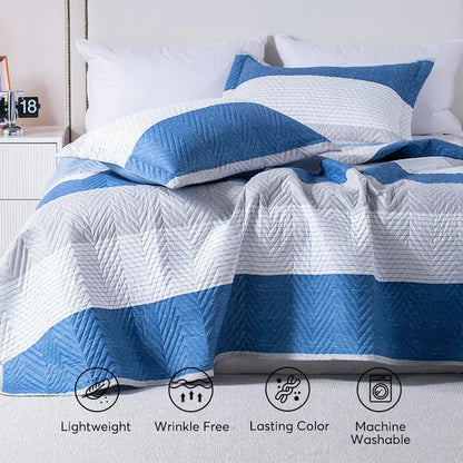 Kasentex Lightweight Reversible Stripe Quilt Set Bedding- Sky Blue and Ivory White, Room Decor, Graduation Gifts, Father's Day Gift - Get it from Bo