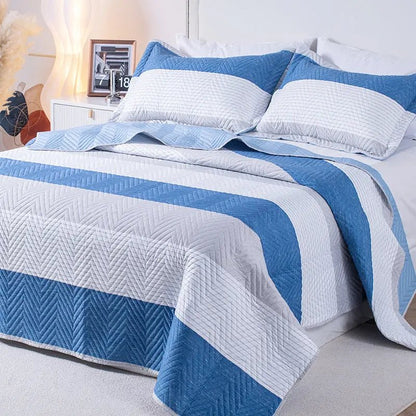 Kasentex Lightweight Reversible Stripe Quilt Set Bedding- Sky Blue and Ivory White, Room Decor, Graduation Gifts, Father's Day Gift - Get it from Bo