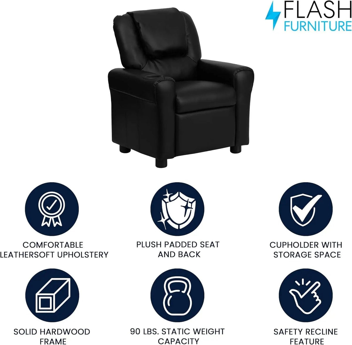 Kids Leathersoft Recliner With Cup Holder And Safety Recline Black - Get it from Bo