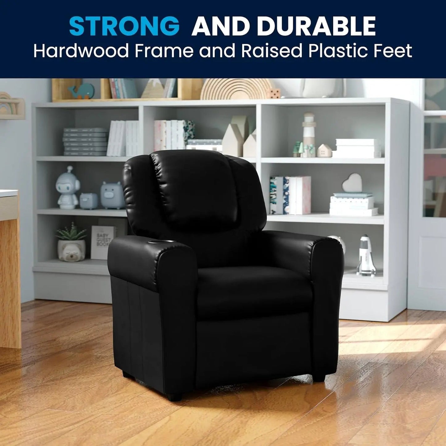 Kids Leathersoft Recliner With Cup Holder And Safety Recline Black - Get it from Bo