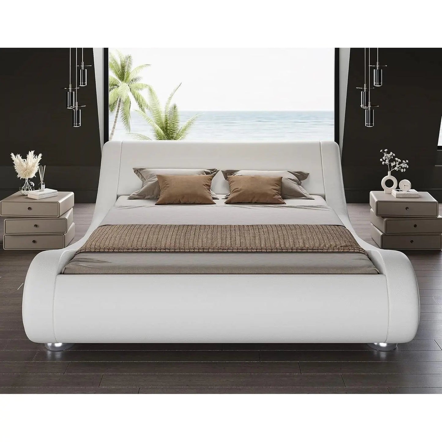 King Modern White Upholstered Platform Bed Frame with Sleigh Curved Headboard - Get it from Bo