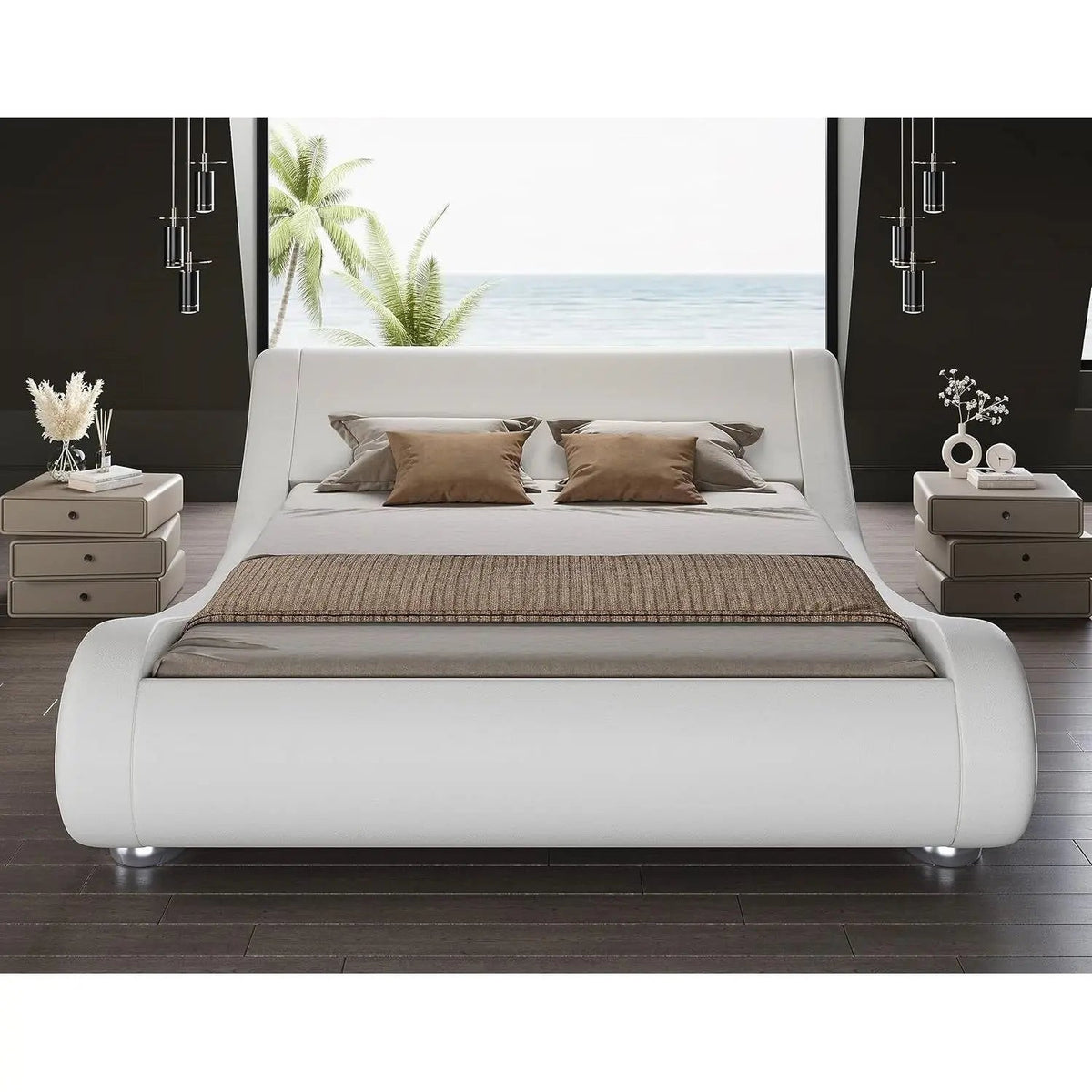 King Modern White Upholstered Platform Bed Frame with Sleigh Curved Headboard - Get it from Bo