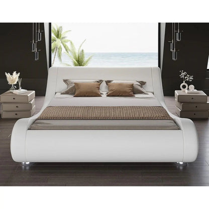 King Modern White Upholstered Platform Bed Frame with Sleigh Curved Headboard - Get it from Bo
