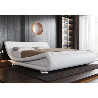 King Modern White Upholstered Platform Bed Frame with Sleigh Curved Headboard - Get it from Bo