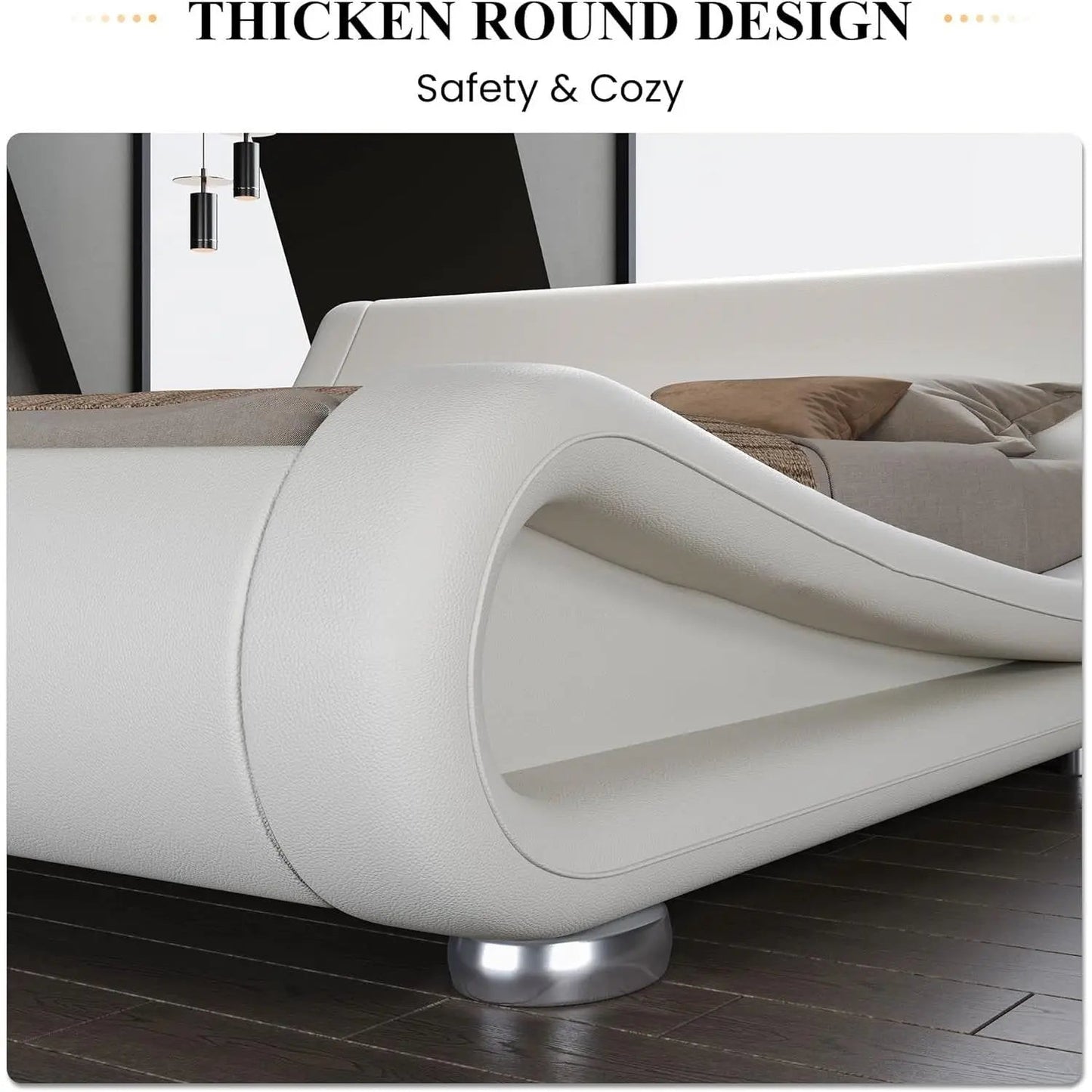 King Modern White Upholstered Platform Bed Frame with Sleigh Curved Headboard - Get it from Bo