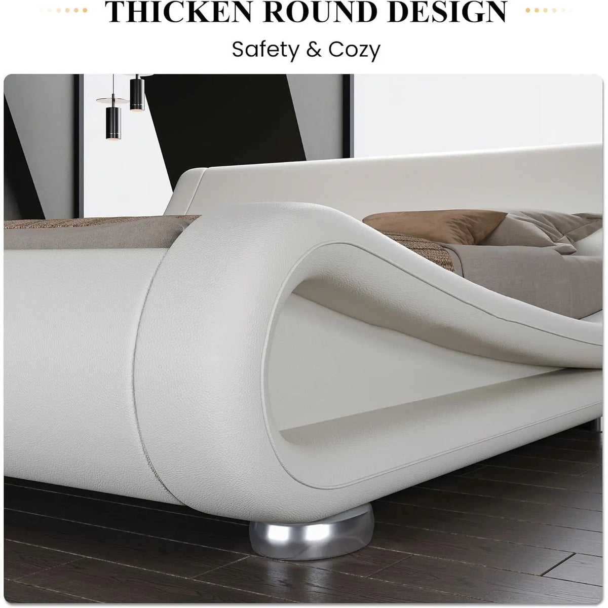 King Modern White Upholstered Platform Bed Frame with Sleigh Curved Headboard - Get it from Bo