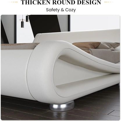 King Modern White Upholstered Platform Bed Frame with Sleigh Curved Headboard - Get it from Bo
