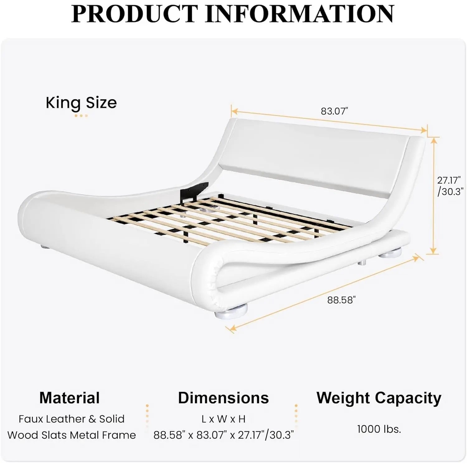 King Modern White Upholstered Platform Bed Frame with Sleigh Curved Headboard - Get it from Bo