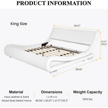 King Modern White Upholstered Platform Bed Frame with Sleigh Curved Headboard - Get it from Bo