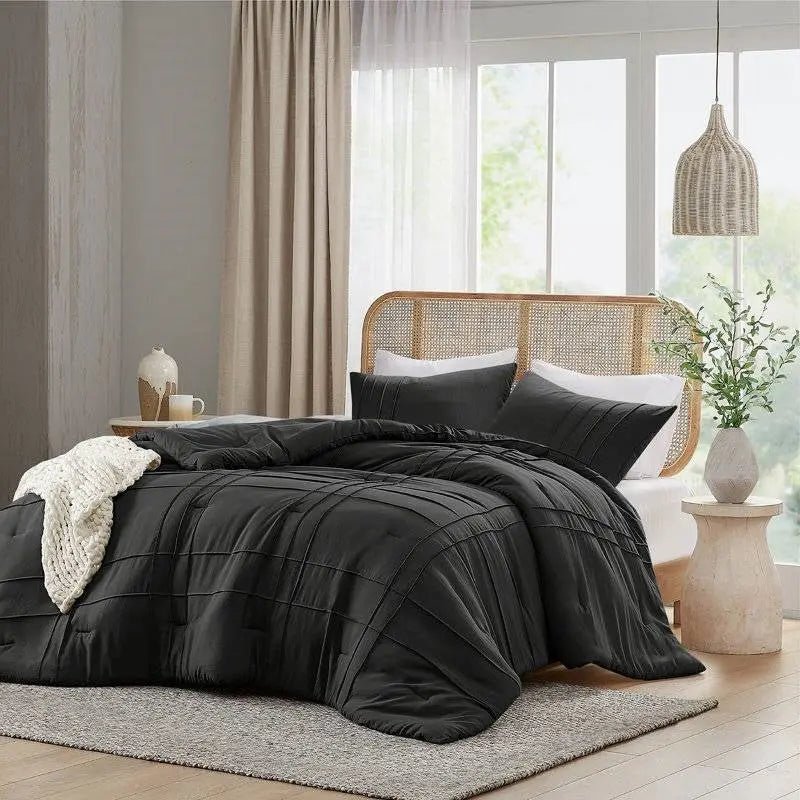 King size Pre-Washed Pleated Microfiber Comforter Set in Black - Get it from Bo