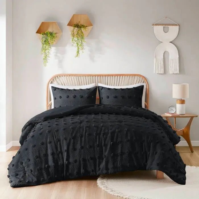 King/Cal King 3 Piece Pompom Microfiber Hypoallergenic Comforter Set in Black - Get it from Bo