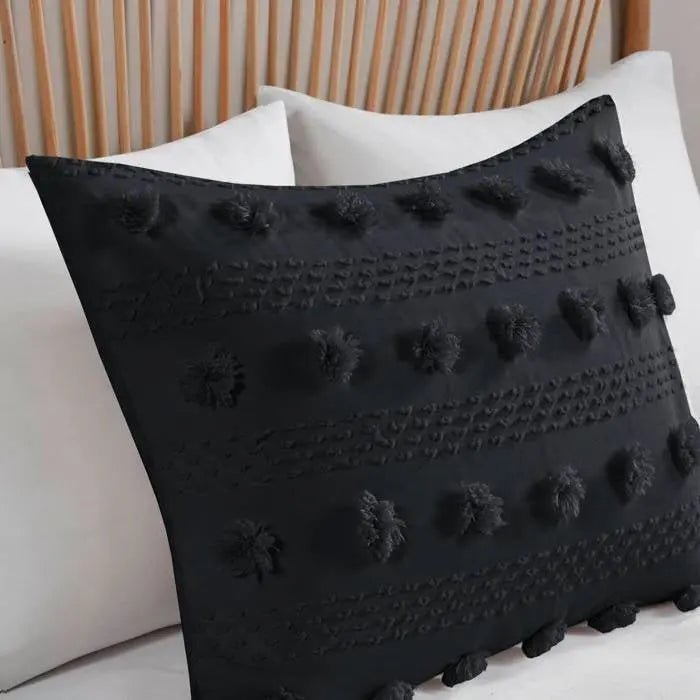 King/Cal King 3 Piece Pompom Microfiber Hypoallergenic Comforter Set in Black - Get it from Bo