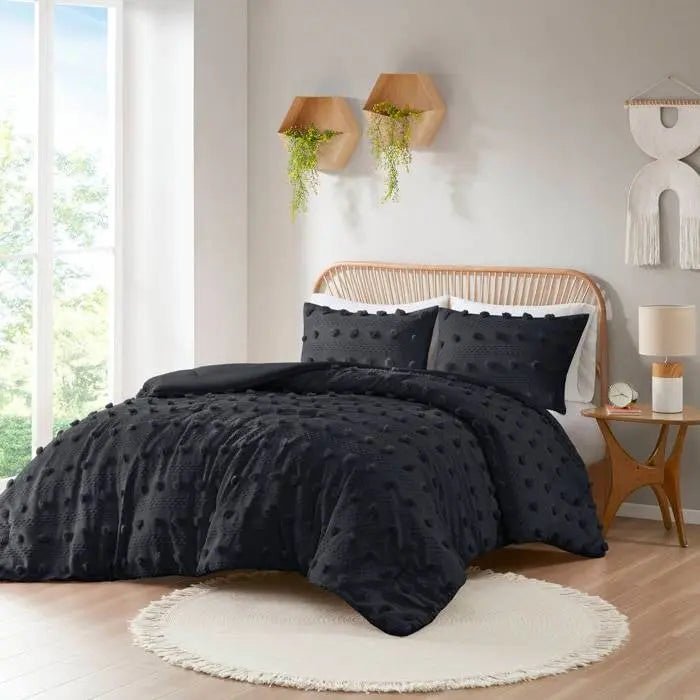 King/Cal King 3 Piece Pompom Microfiber Hypoallergenic Comforter Set in Black - Get it from Bo