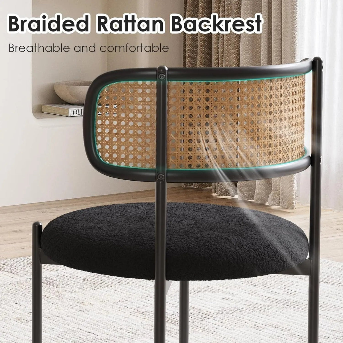 Kitchen Chairs Set of 4, Mid-Century Modern Dining Chairs,Kitchen Dining Room Chairs, Rattan Backrest round Upholstered Sherpa Dining Chairs,Black - Get it from Bo
