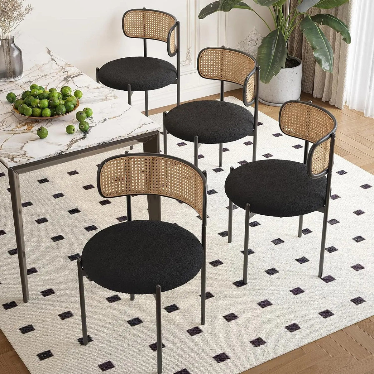 Kitchen Chairs Set of 4, Mid-Century Modern Dining Chairs,Kitchen Dining Room Chairs, Rattan Backrest round Upholstered Sherpa Dining Chairs,Black - Get it from Bo