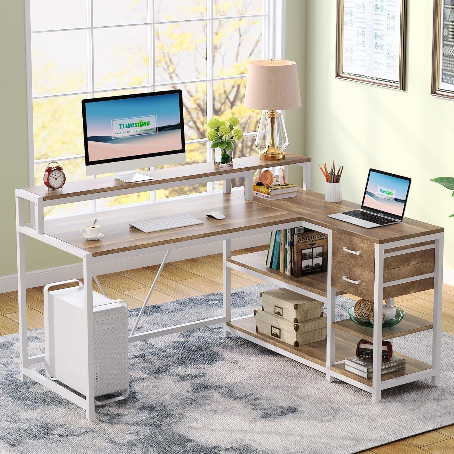L Shaped Desk With Drawers And Monitor Stand Beige Wood ShipItFurniture