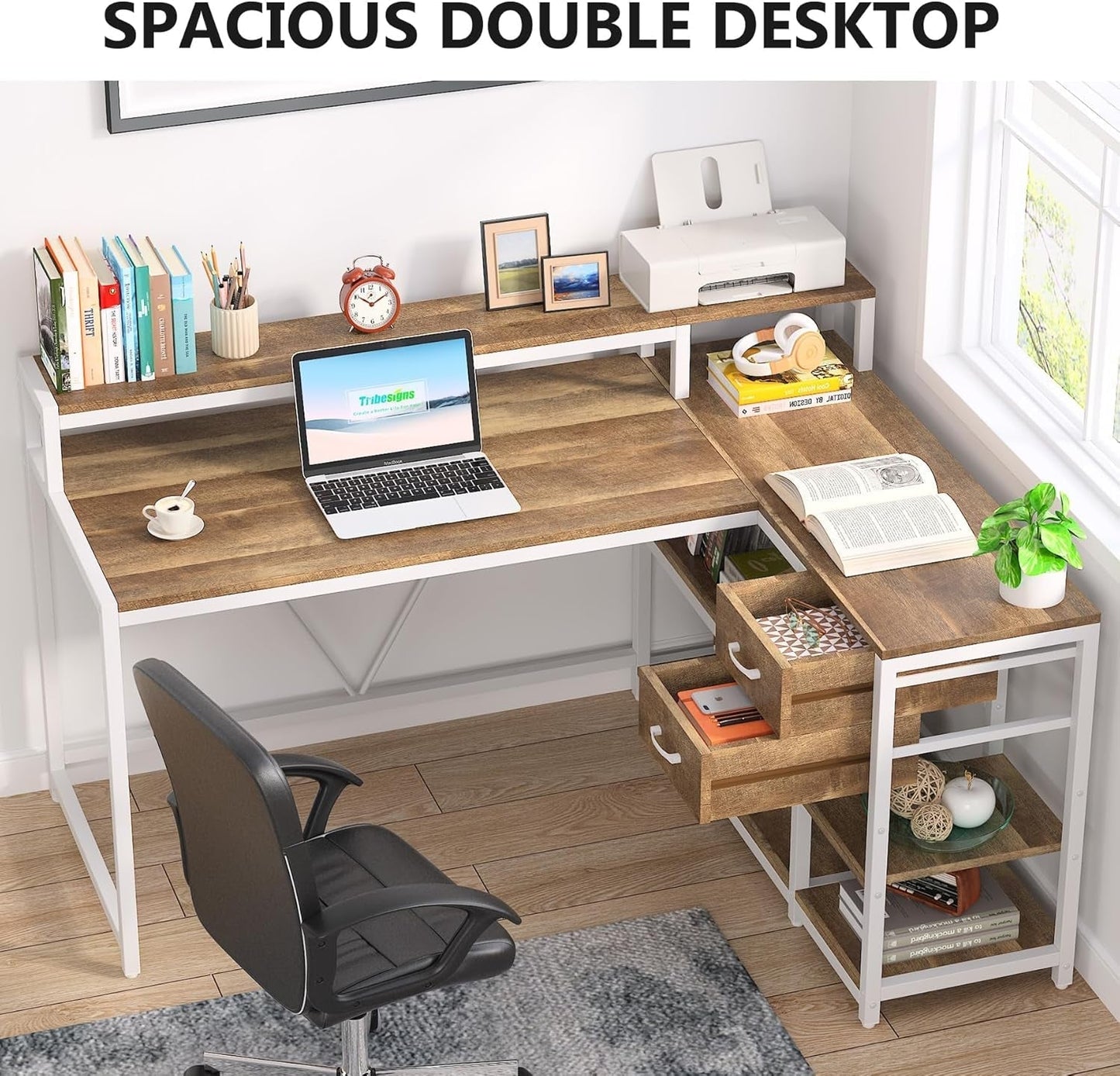 L Shaped Desk With Drawers And Monitor Stand Beige Wood ShipItFurniture