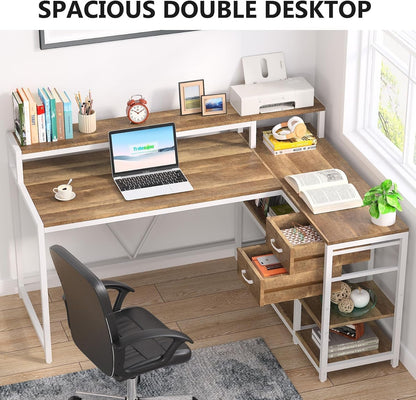 L Shaped Desk With Drawers And Monitor Stand Beige Wood ShipItFurniture