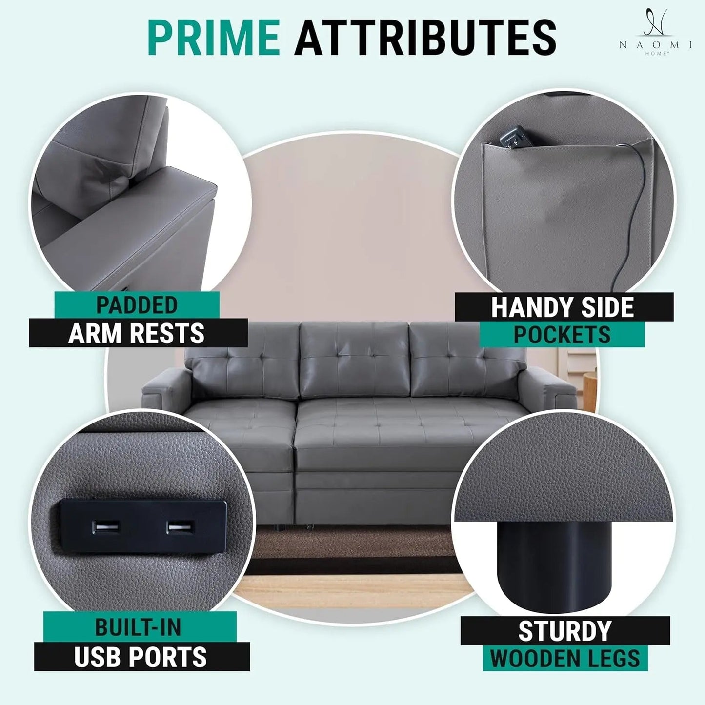L Shaped Sectional Sleeper Sofa With USB Ports Gray Leather - Get it from Bo