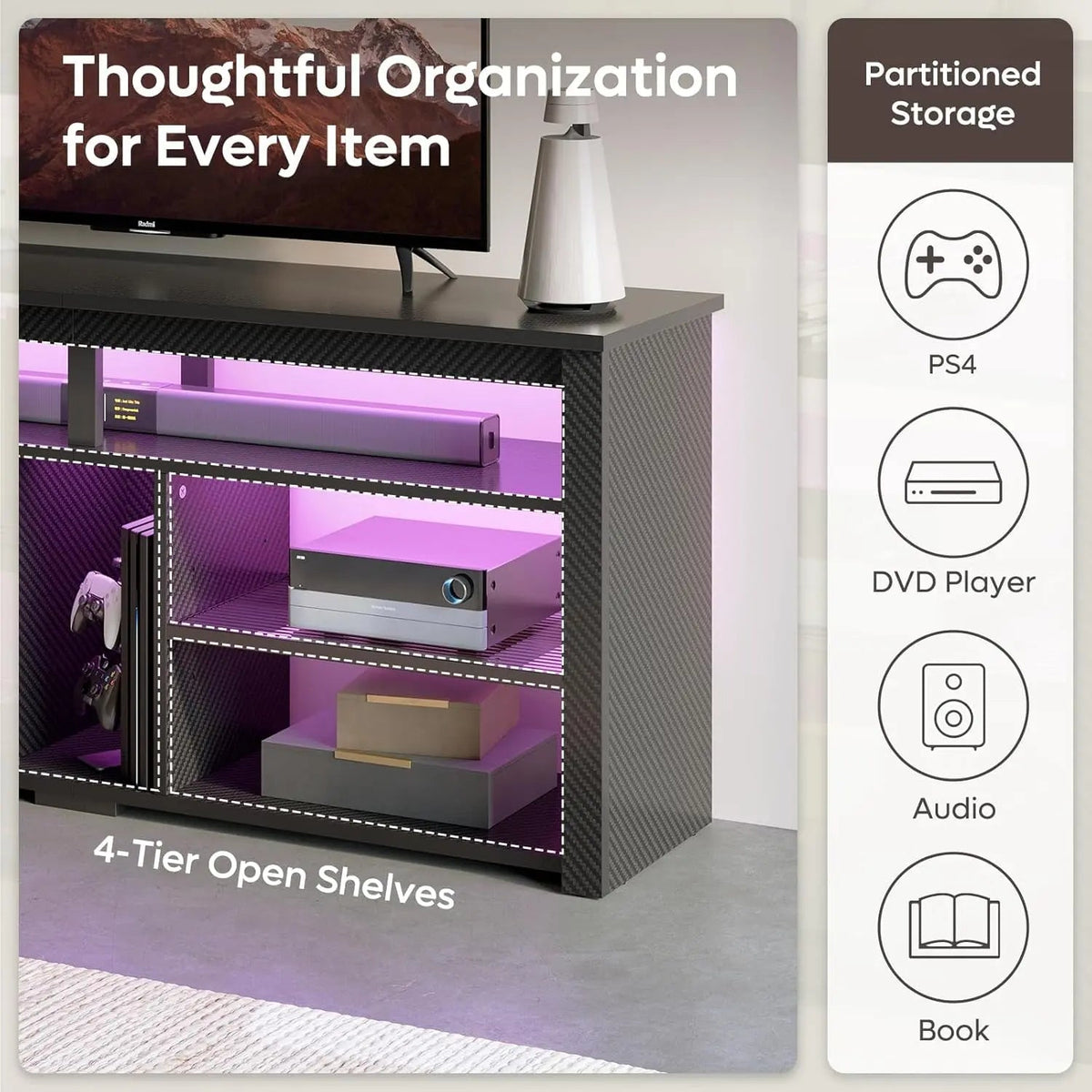 LED Tall TV Stand For 55-65 TV With Adjustable Shelves - Get it from Bo
