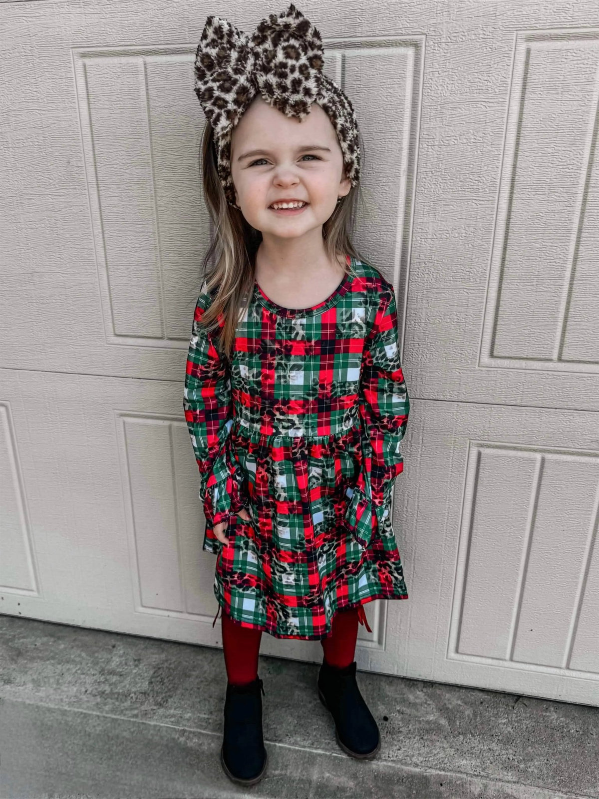 Leopard Plaid bell sleeve dress - Get it from Bo