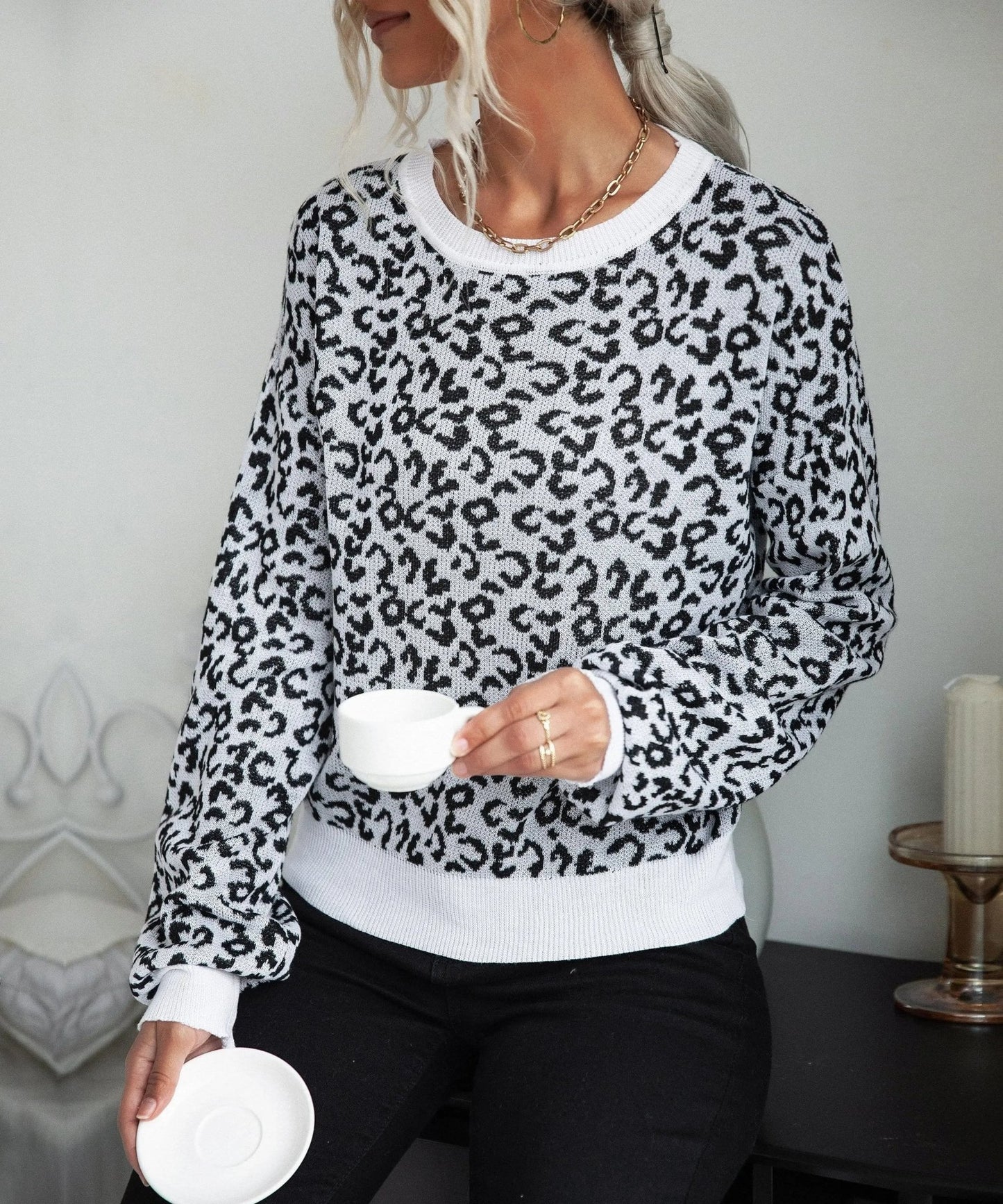Leopard Print Contrast Trim Sweater - Get it from Bo
