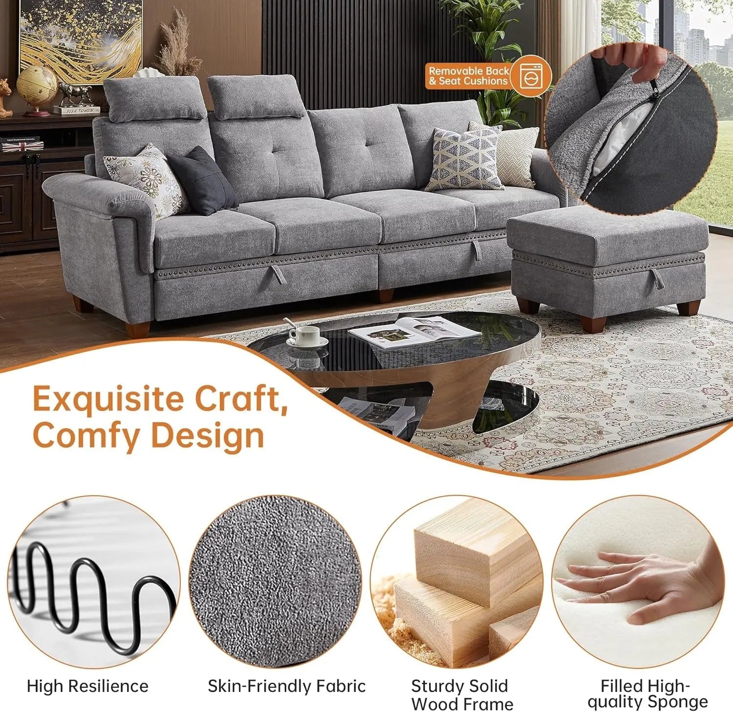 Light Grey Microfiber Sectional Sofa With Storage Ottoman - Get it from Bo