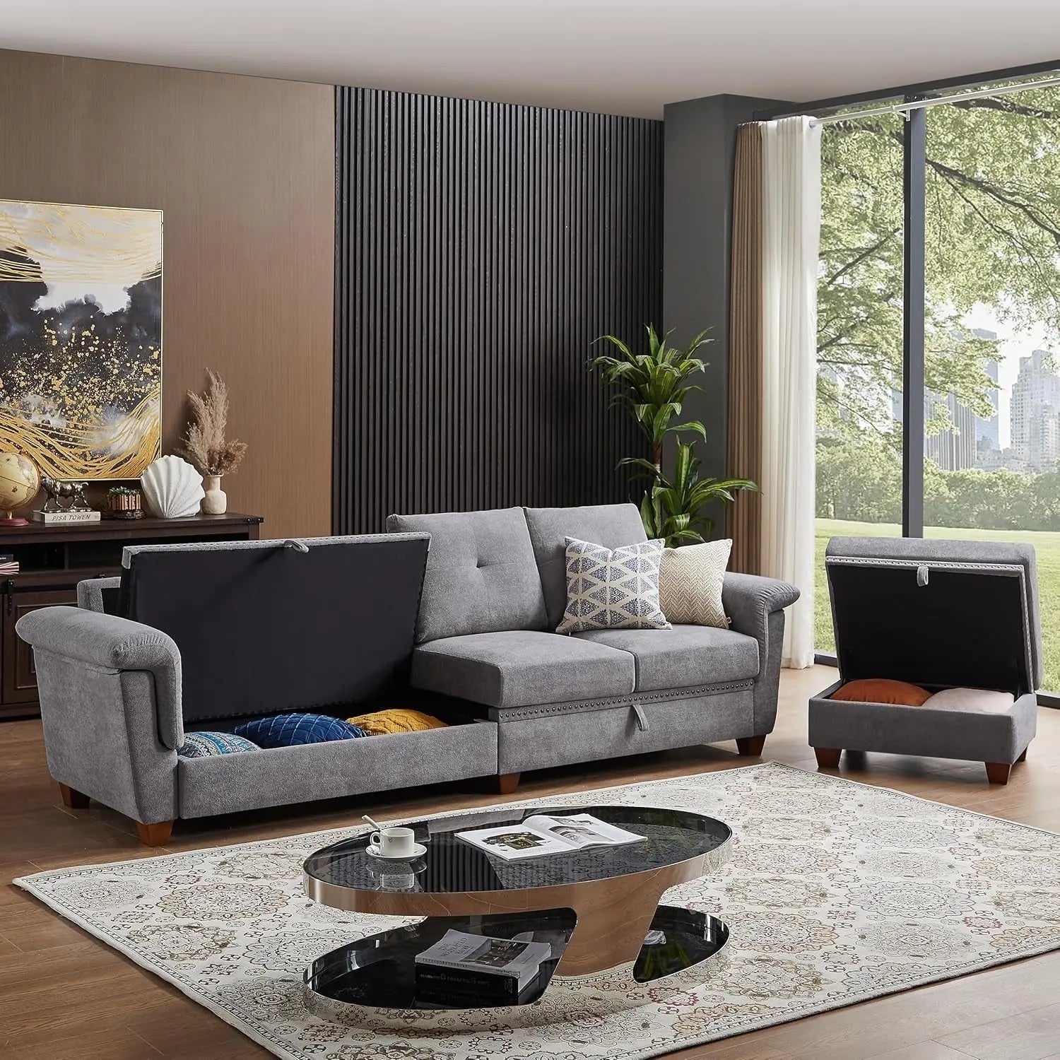 Light Grey Microfiber Sectional Sofa With Storage Ottoman - Get it from Bo