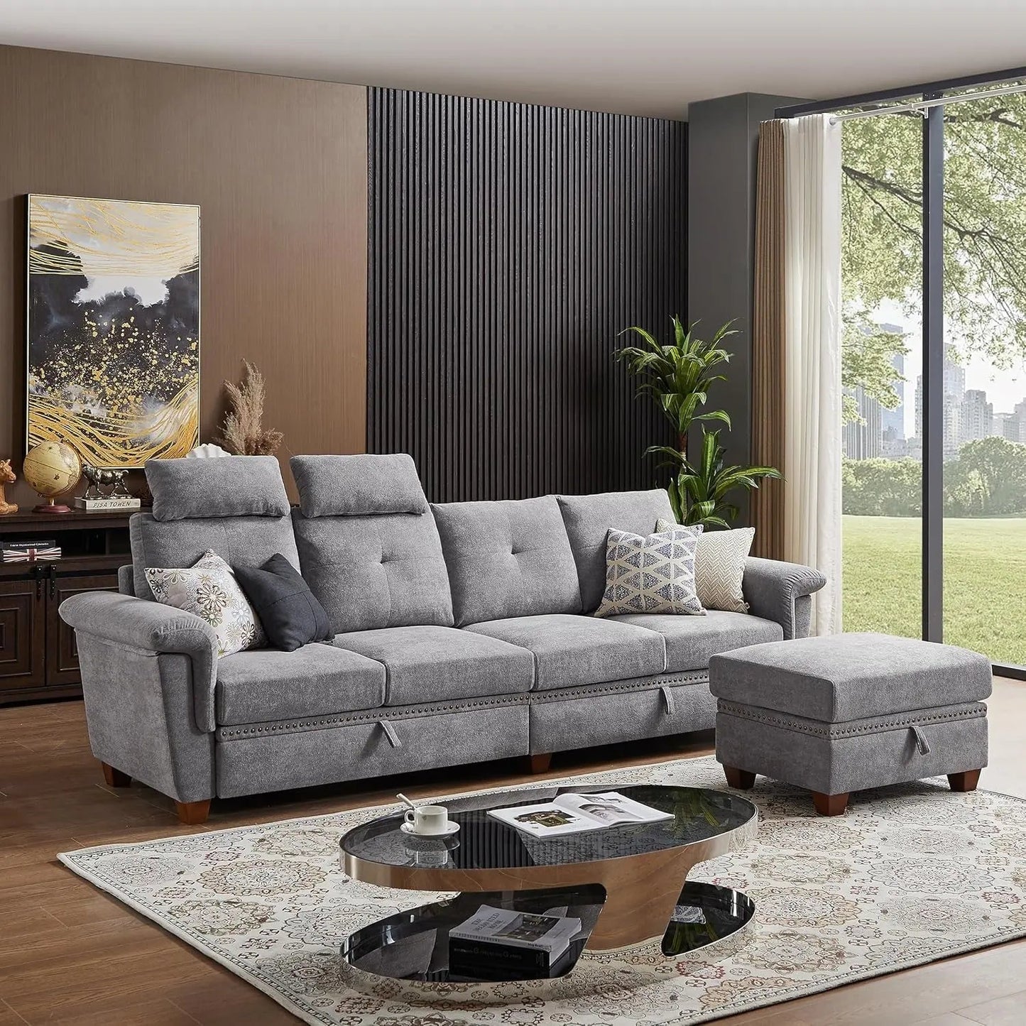 Light Grey Microfiber Sectional Sofa With Storage Ottoman - Get it from Bo