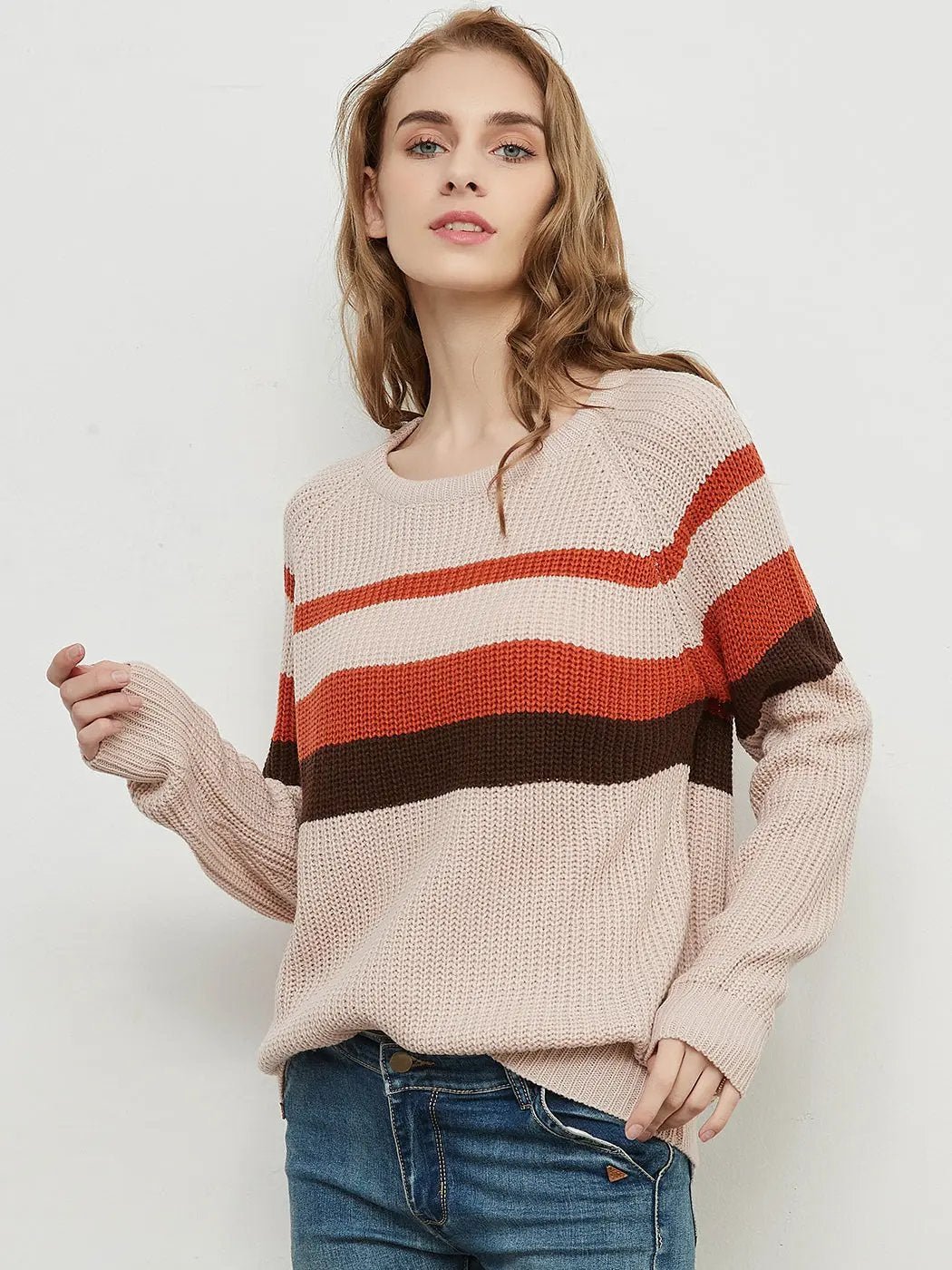 Long Sleeve Color Block Striped Casual Pullover Sweater - Get it from Bo