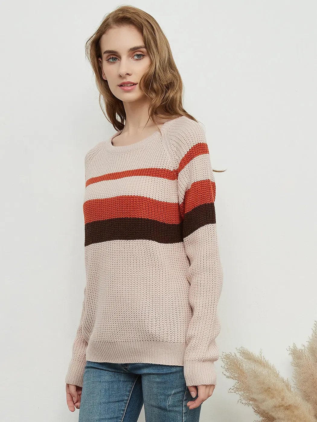 Long Sleeve Color Block Striped Casual Pullover Sweater - Get it from Bo
