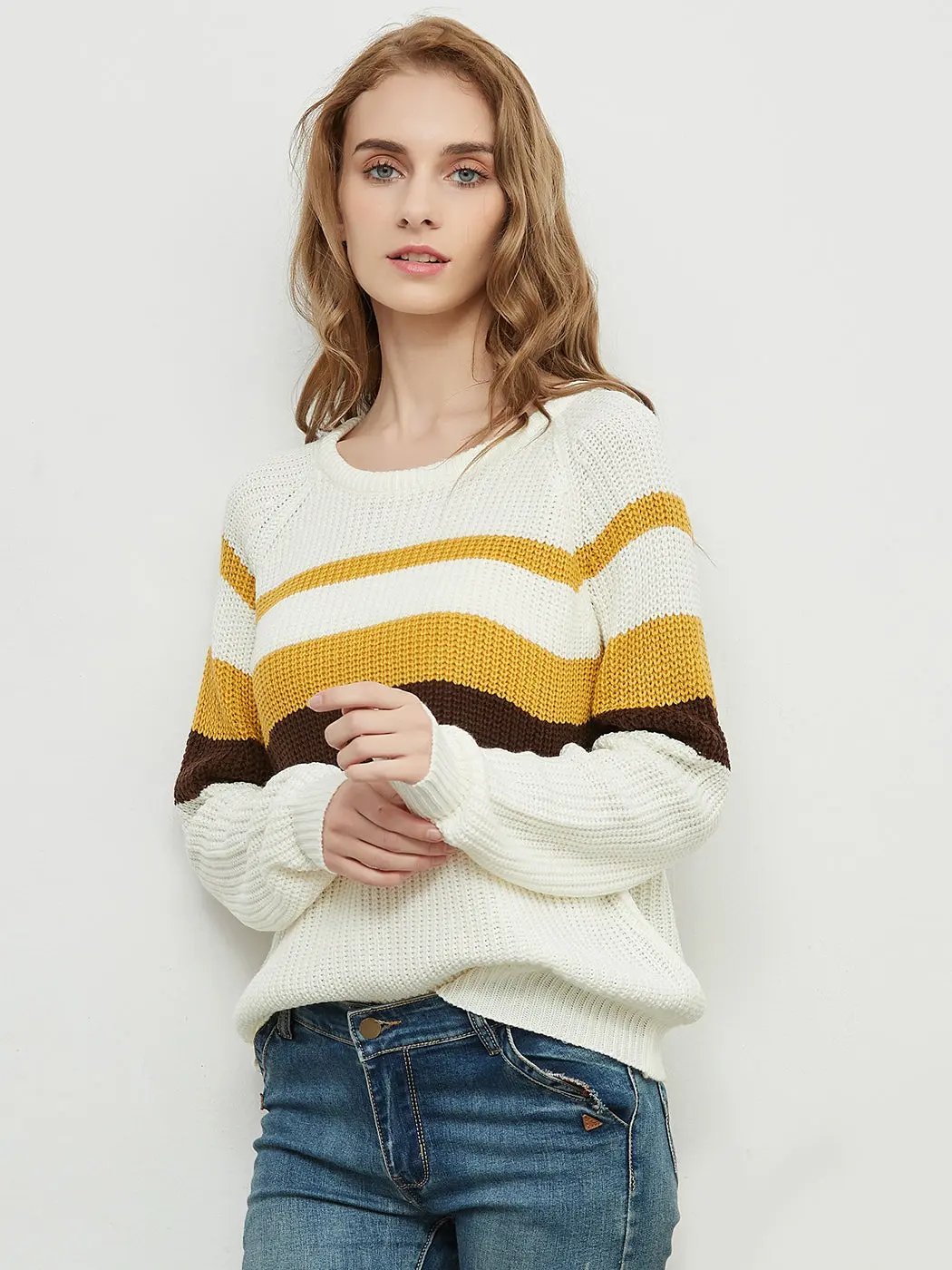 Long Sleeve Color Block Striped Casual Pullover Sweater - Get it from Bo