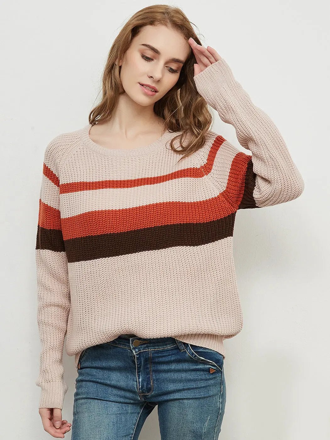 Long Sleeve Color Block Striped Casual Pullover Sweater - Get it from Bo
