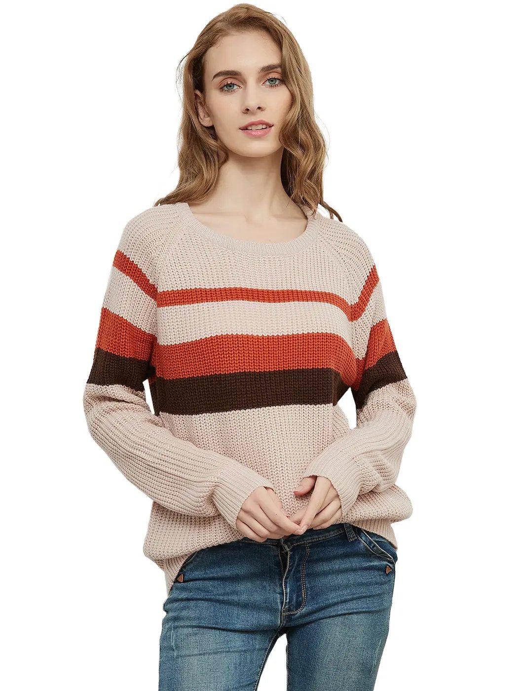 Long Sleeve Color Block Striped Casual Pullover Sweater - Get it from Bo
