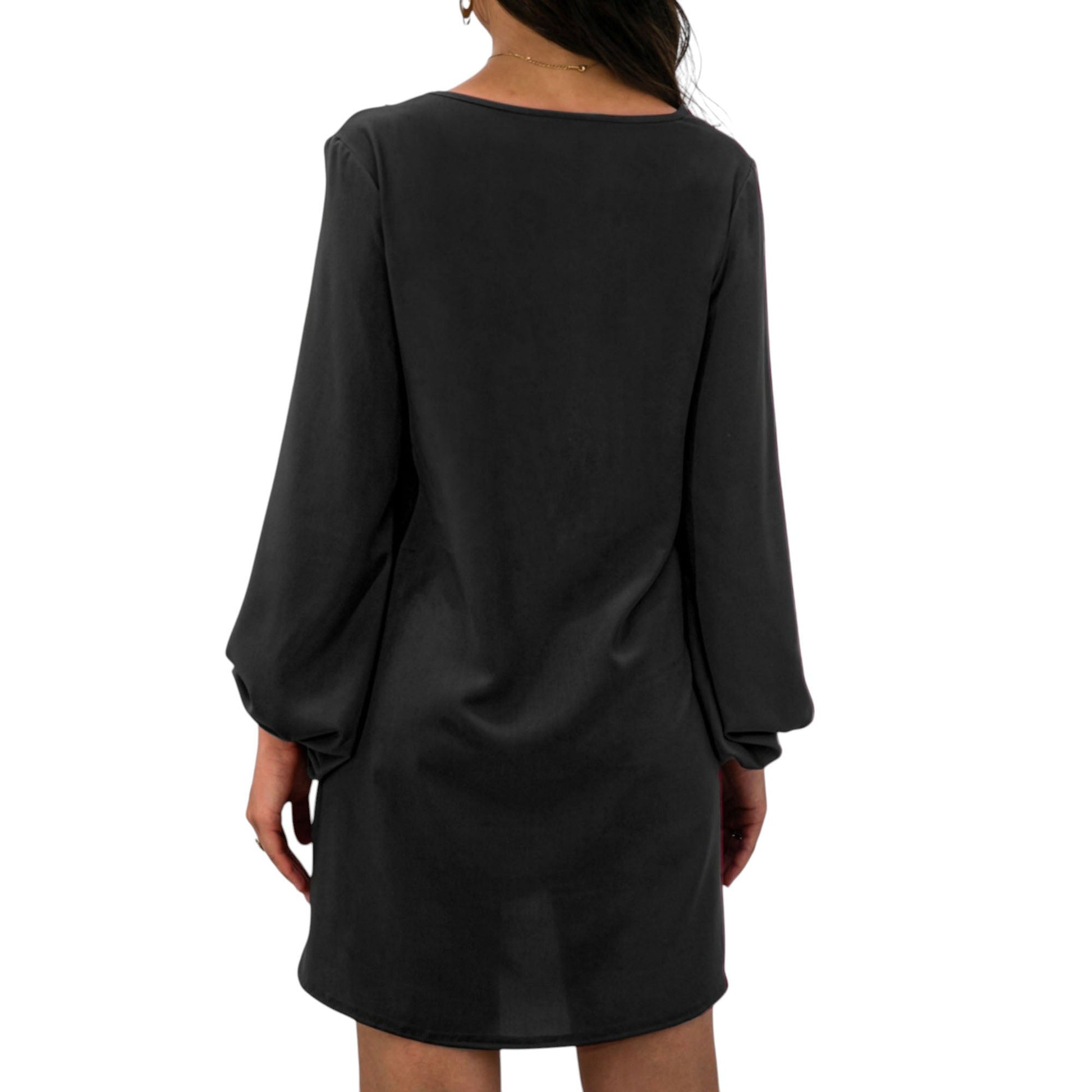 Long Sleeve Mini Shift Dress with V-Neckline and Lace Trim Detail - Get it from Bo