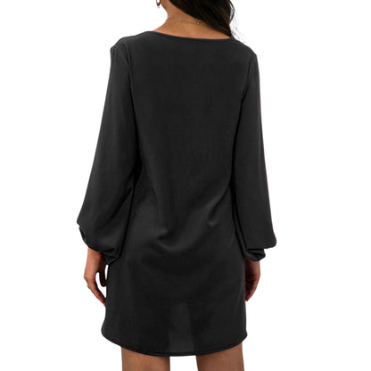 Long Sleeve Mini Shift Dress with V-Neckline and Lace Trim Detail - Get it from Bo