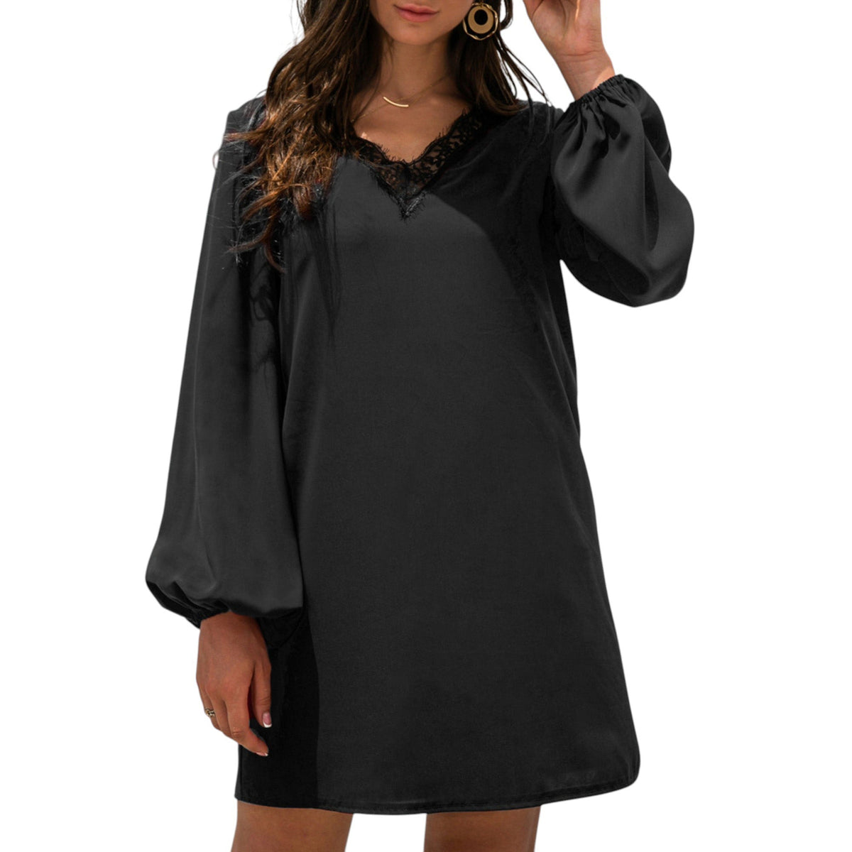 Long Sleeve Mini Shift Dress with V-Neckline and Lace Trim Detail - Get it from Bo