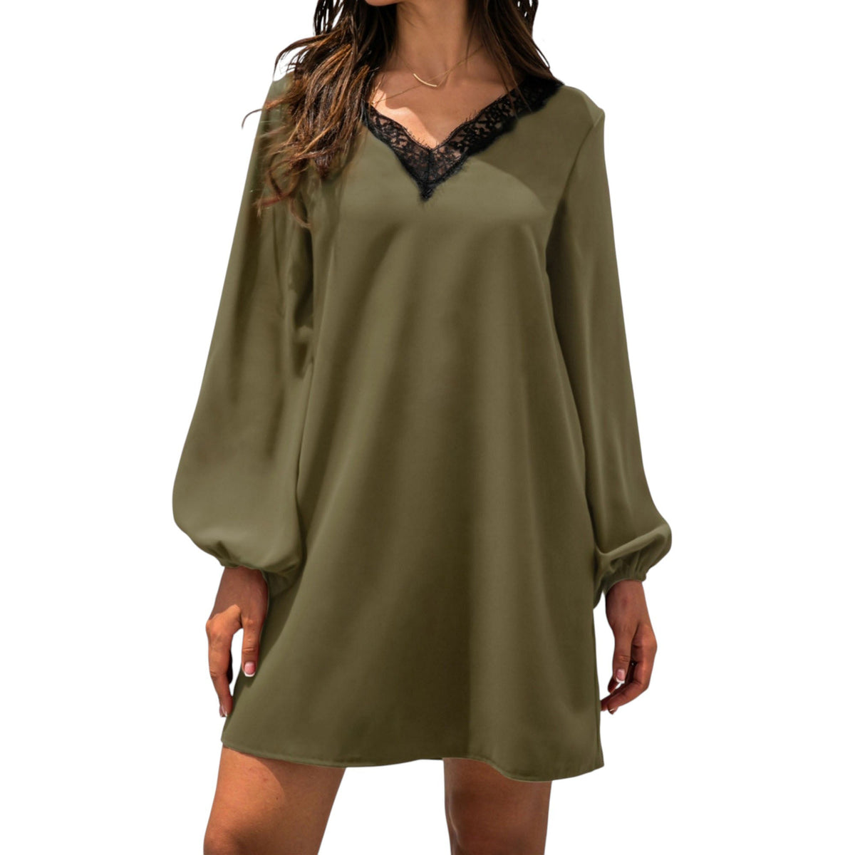 Long Sleeve Mini Shift Dress with V-Neckline and Lace Trim Detail - Get it from Bo