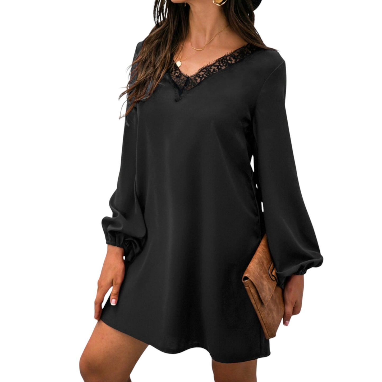 Long Sleeve Mini Shift Dress with V-Neckline and Lace Trim Detail - Get it from Bo