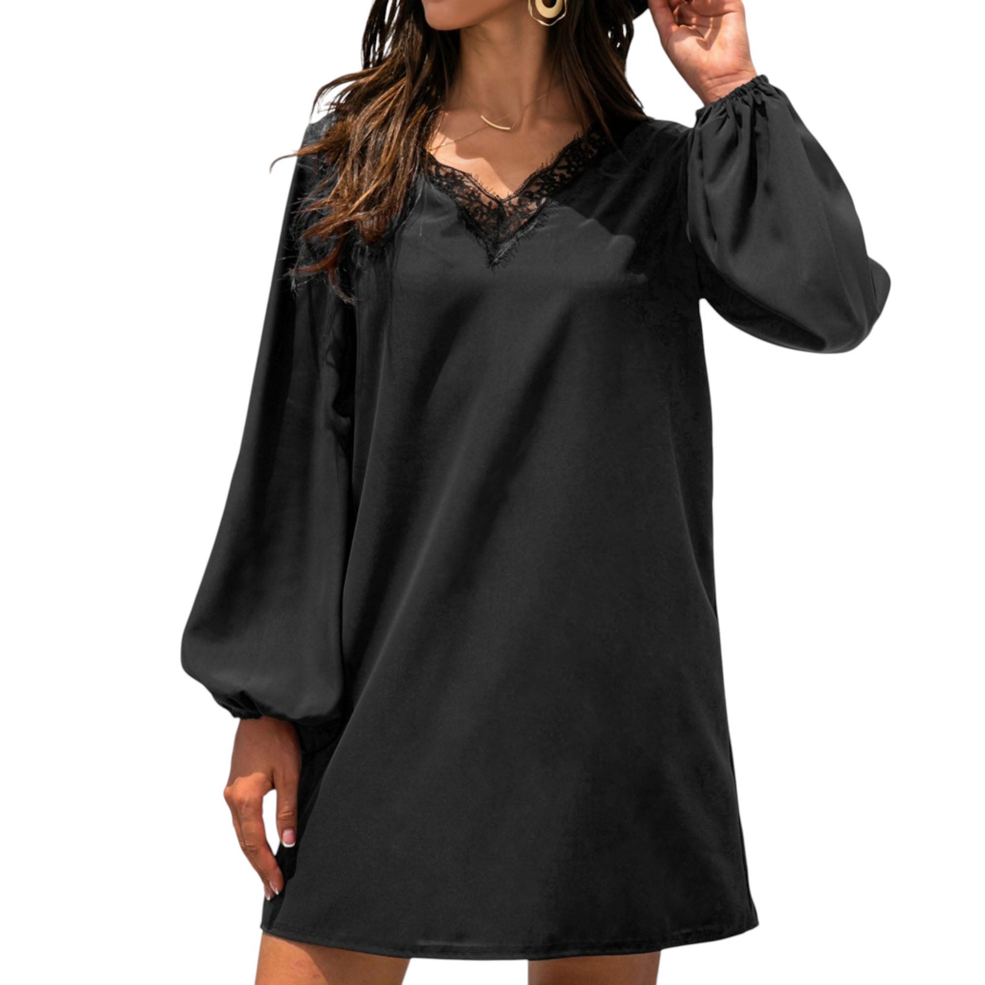 Long Sleeve Mini Shift Dress with V-Neckline and Lace Trim Detail - Get it from Bo