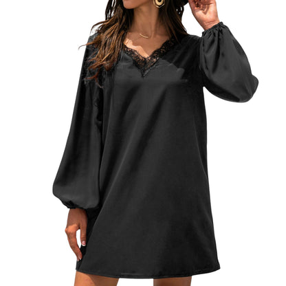 Long Sleeve Mini Shift Dress with V-Neckline and Lace Trim Detail - Get it from Bo