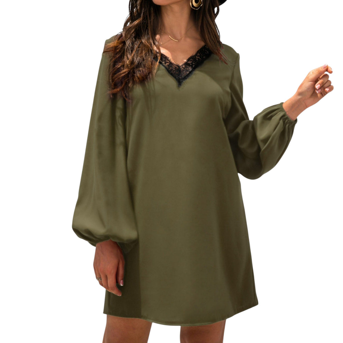 Long Sleeve Mini Shift Dress with V-Neckline and Lace Trim Detail - Get it from Bo