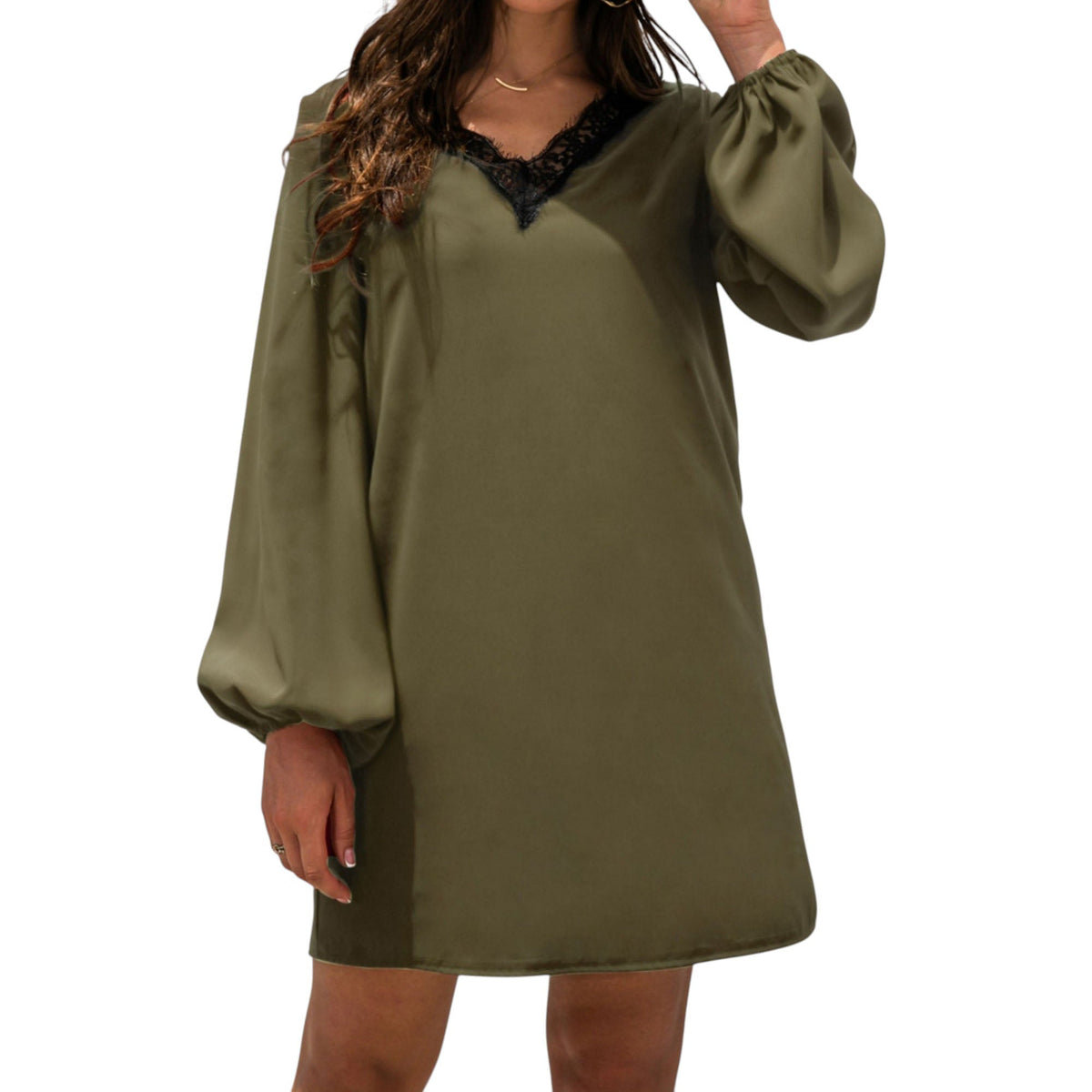Long Sleeve Mini Shift Dress with V-Neckline and Lace Trim Detail - Get it from Bo