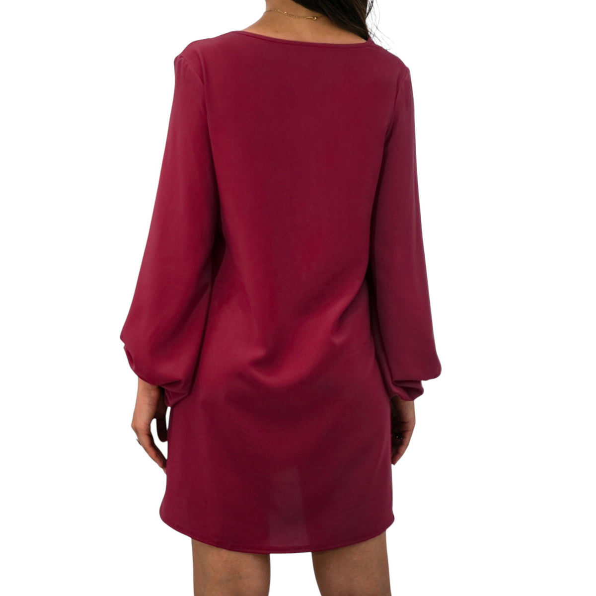 Long Sleeve Mini Shift Dress with V-Neckline and Lace Trim Detail - Get it from Bo